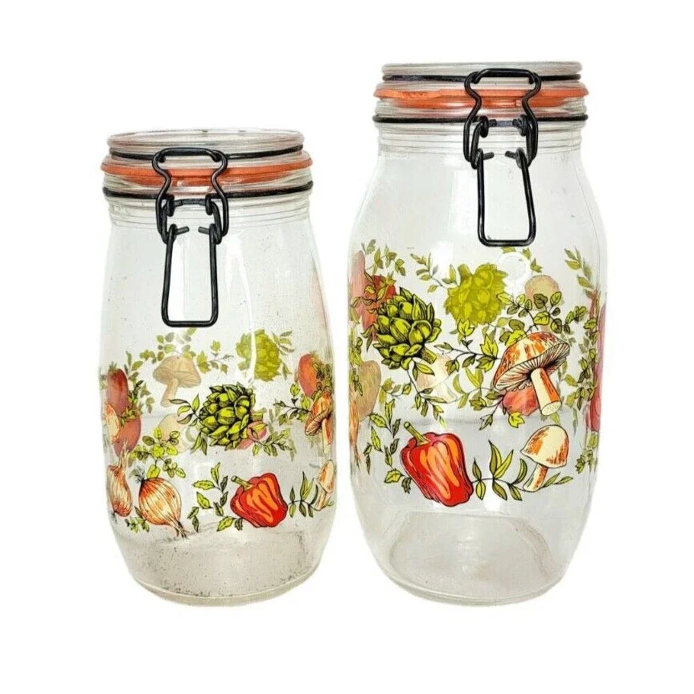 VTG 70s MCM Spice of Life CorningWare Glass Mushroom Vegetable Jars 1.5  2 liter